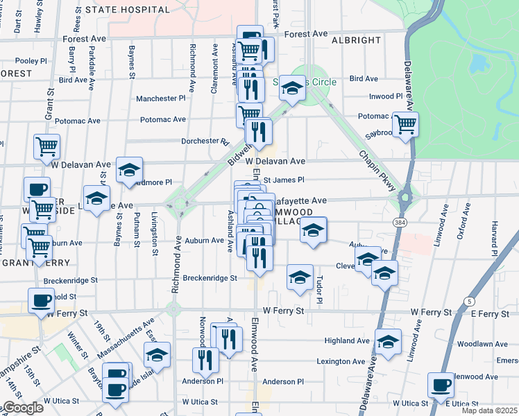 map of restaurants, bars, coffee shops, grocery stores, and more near 818 Elmwood Avenue in Buffalo