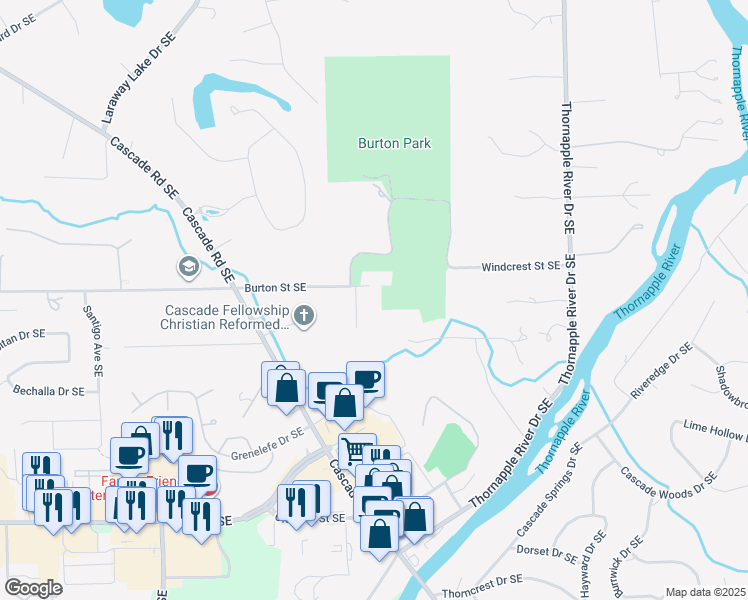 map of restaurants, bars, coffee shops, grocery stores, and more near 6909 Oakbrook Street Southeast in Grand Rapids