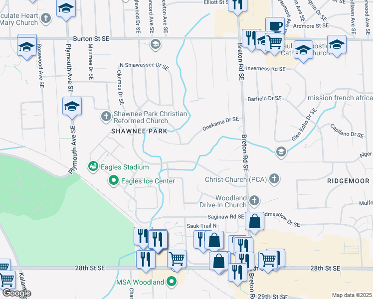 map of restaurants, bars, coffee shops, grocery stores, and more near 2434 Okemos Drive Southeast in Grand Rapids