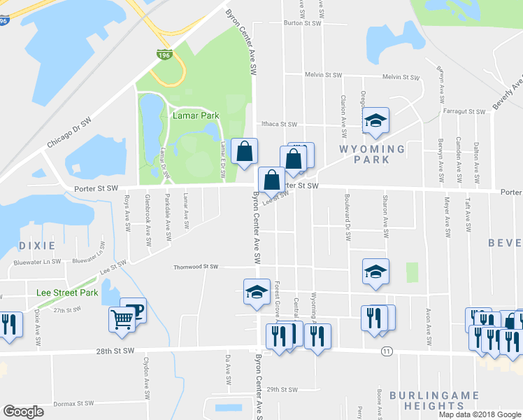 map of restaurants, bars, coffee shops, grocery stores, and more near 2457 Byron Center Avenue Southwest in Wyoming