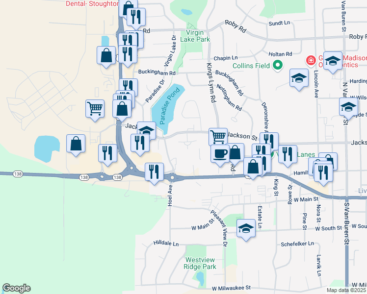 map of restaurants, bars, coffee shops, grocery stores, and more near 101 Silverado Drive in Stoughton