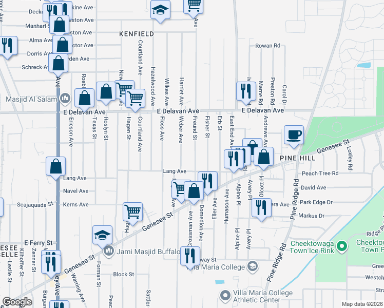 map of restaurants, bars, coffee shops, grocery stores, and more near 102 Freund Street in Buffalo