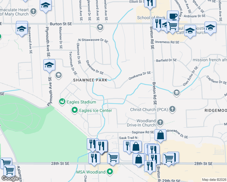 map of restaurants, bars, coffee shops, grocery stores, and more near 2434 Okemos Drive Southeast in Grand Rapids