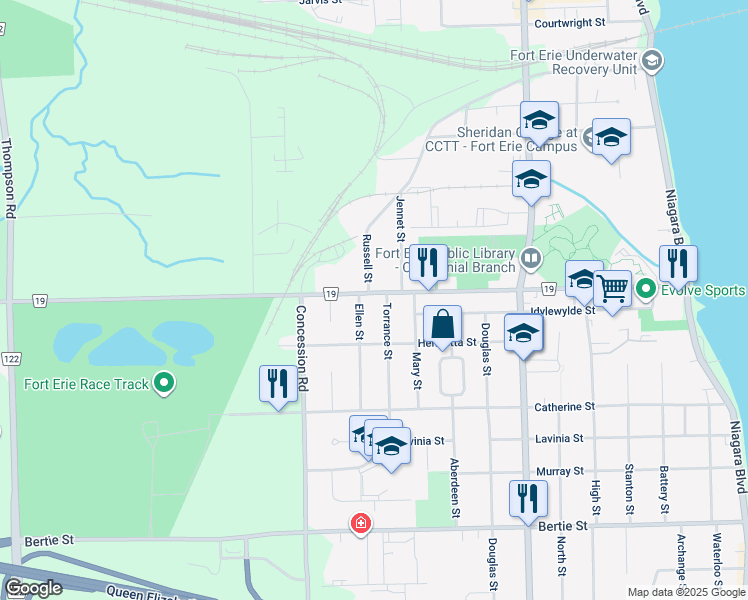 map of restaurants, bars, coffee shops, grocery stores, and more near 265 Gilmore Road in Fort Erie