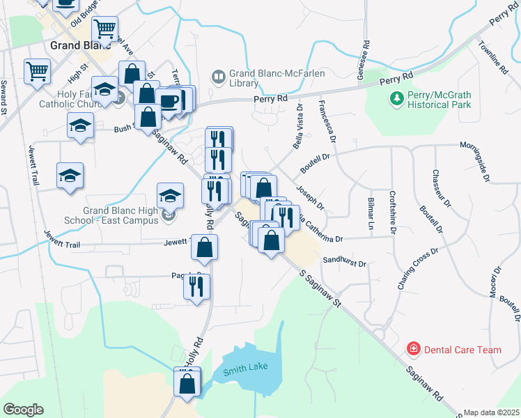 map of restaurants, bars, coffee shops, grocery stores, and more near 12731 South Saginaw Street in Grand Blanc