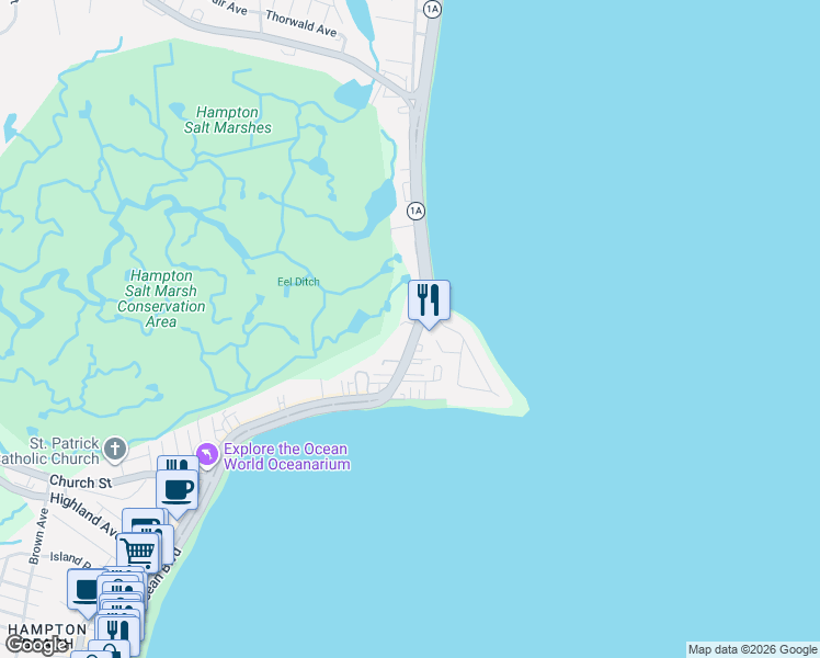 map of restaurants, bars, coffee shops, grocery stores, and more near 511 Ocean Boulevard in Hampton