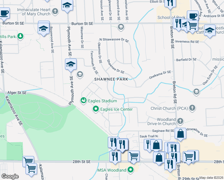 map of restaurants, bars, coffee shops, grocery stores, and more near 2414 Okemos Drive Southeast in Grand Rapids