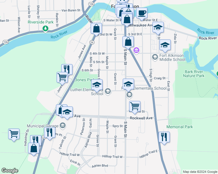 map of restaurants, bars, coffee shops, grocery stores, and more near 635 Maple Street in Fort Atkinson
