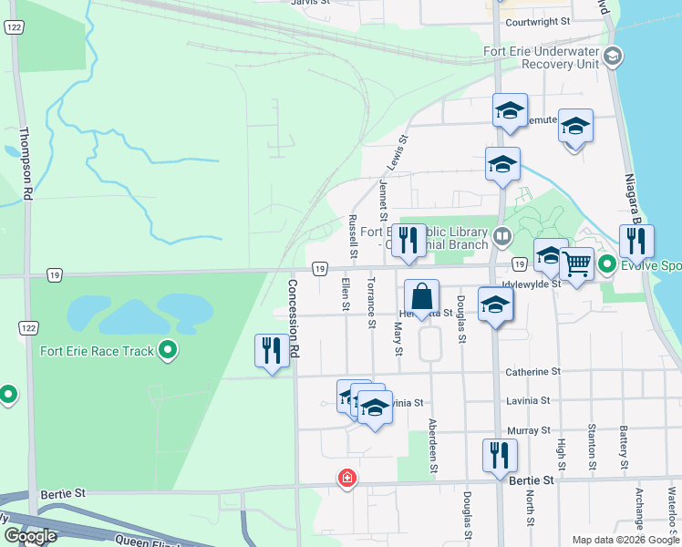map of restaurants, bars, coffee shops, grocery stores, and more near in Fort Erie