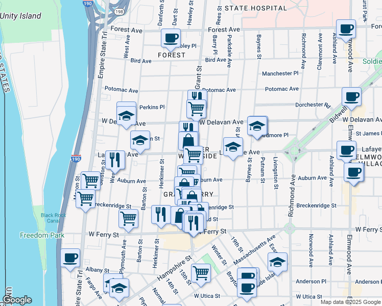 map of restaurants, bars, coffee shops, grocery stores, and more near Grant Street & Lafayette Avenue in Buffalo