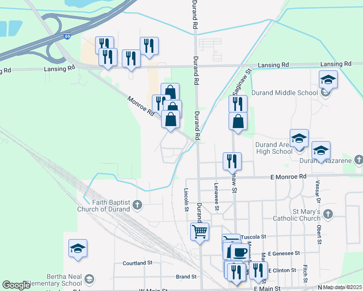 map of restaurants, bars, coffee shops, grocery stores, and more near 8940 Monroe Road in Durand