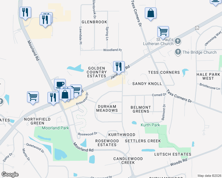 map of restaurants, bars, coffee shops, grocery stores, and more near S69W14923 Cornell Circle in Muskego
