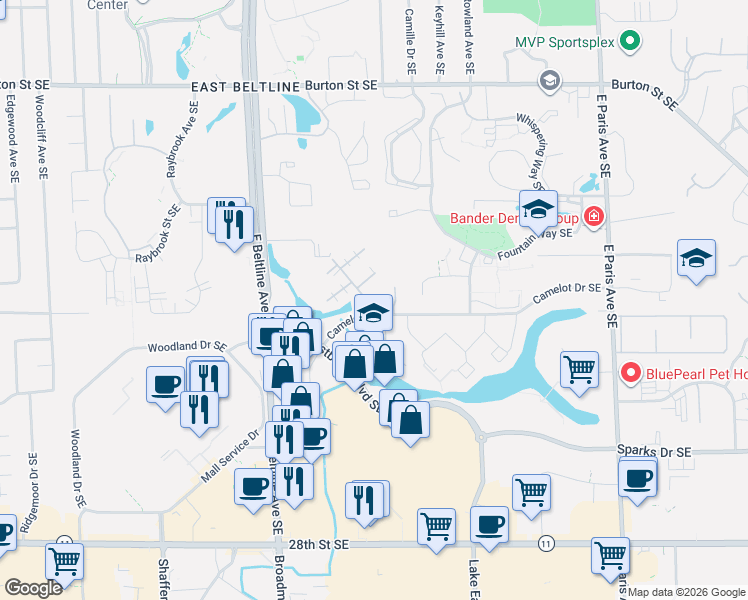 map of restaurants, bars, coffee shops, grocery stores, and more near 3599 Camelot Drive Southeast in Grand Rapids
