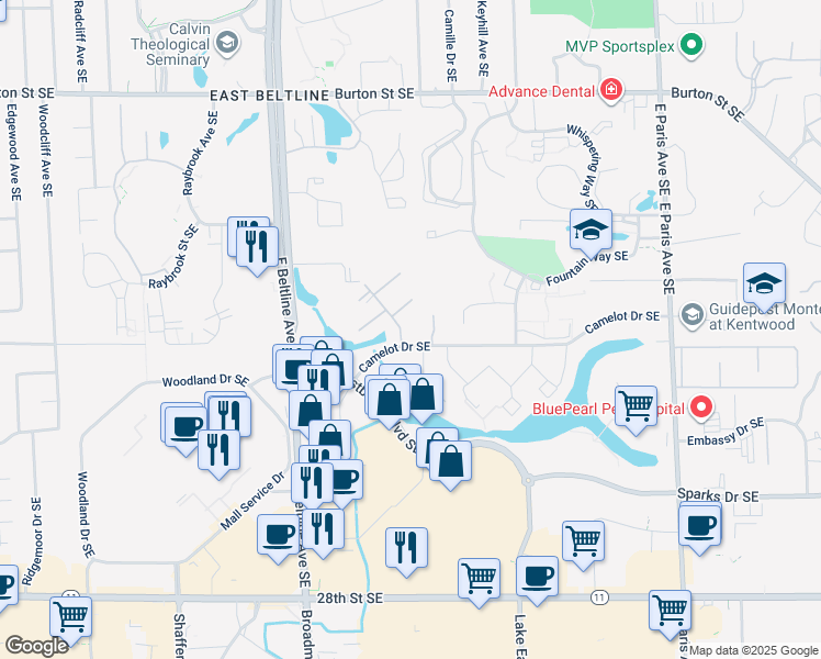 map of restaurants, bars, coffee shops, grocery stores, and more near in Grand Rapids