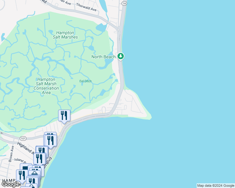 map of restaurants, bars, coffee shops, grocery stores, and more near 511 Ocean Boulevard in Hampton
