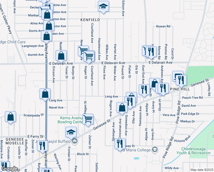 map of restaurants, bars, coffee shops, grocery stores, and more near 38 Weber Avenue in Buffalo