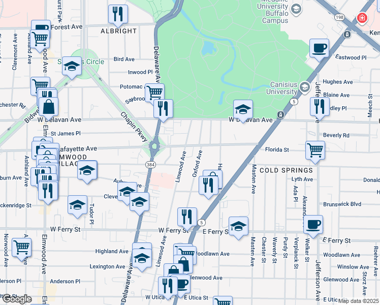 map of restaurants, bars, coffee shops, grocery stores, and more near 630 Linwood Avenue in Buffalo