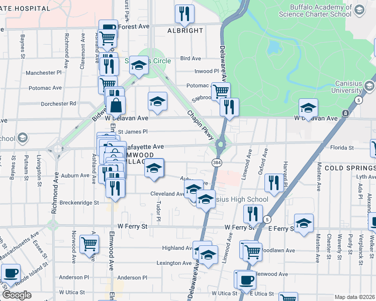 map of restaurants, bars, coffee shops, grocery stores, and more near 46 Lancaster Avenue in Buffalo