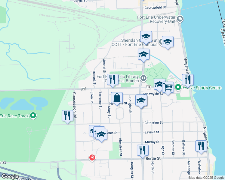 map of restaurants, bars, coffee shops, grocery stores, and more near in Fort Erie