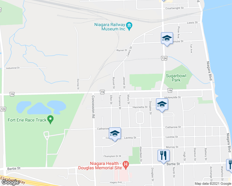 map of restaurants, bars, coffee shops, grocery stores, and more near 265 Gilmore Road in Fort Erie