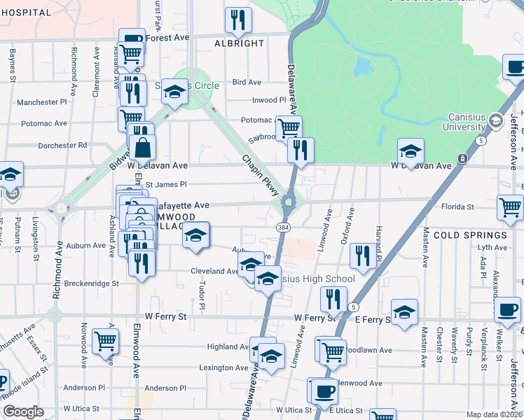 map of restaurants, bars, coffee shops, grocery stores, and more near 33 Gates Circle in Buffalo