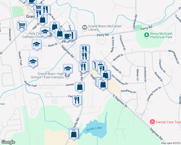 map of restaurants, bars, coffee shops, grocery stores, and more near 12731 South Saginaw Street in Grand Blanc