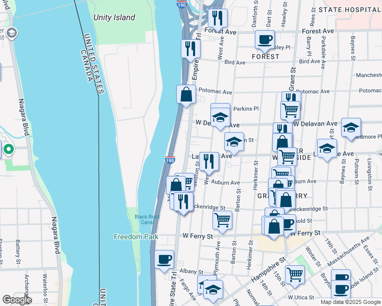 map of restaurants, bars, coffee shops, grocery stores, and more near 1357 Niagara Street in Buffalo