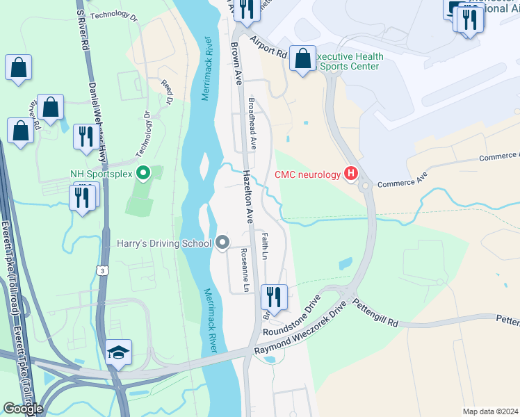 map of restaurants, bars, coffee shops, grocery stores, and more near 3670 Brown Avenue in Manchester