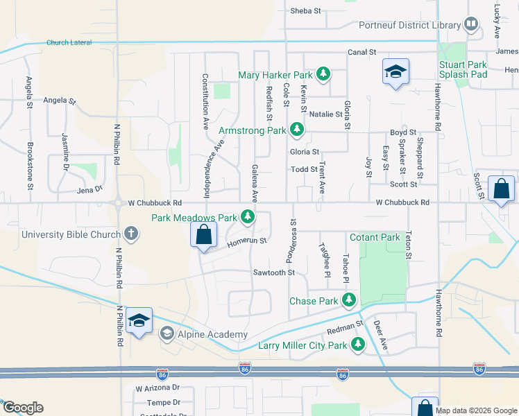 map of restaurants, bars, coffee shops, grocery stores, and more near 4825 Galena Avenue in Pocatello