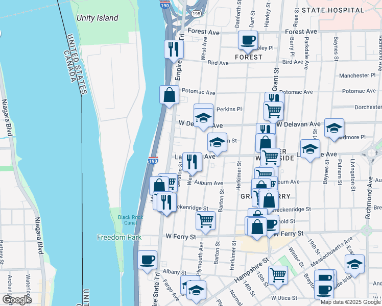 map of restaurants, bars, coffee shops, grocery stores, and more near 35 Penfield Street in Buffalo