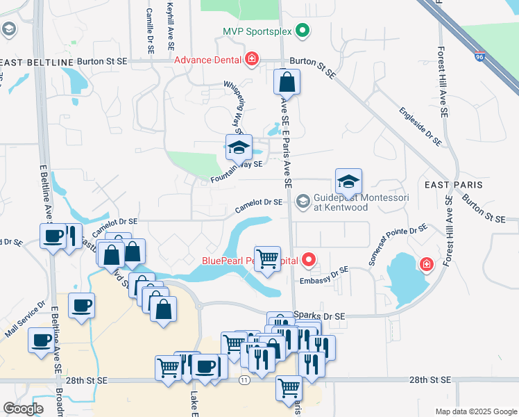 map of restaurants, bars, coffee shops, grocery stores, and more near 3959 Camelot Drive Southeast in Grand Rapids