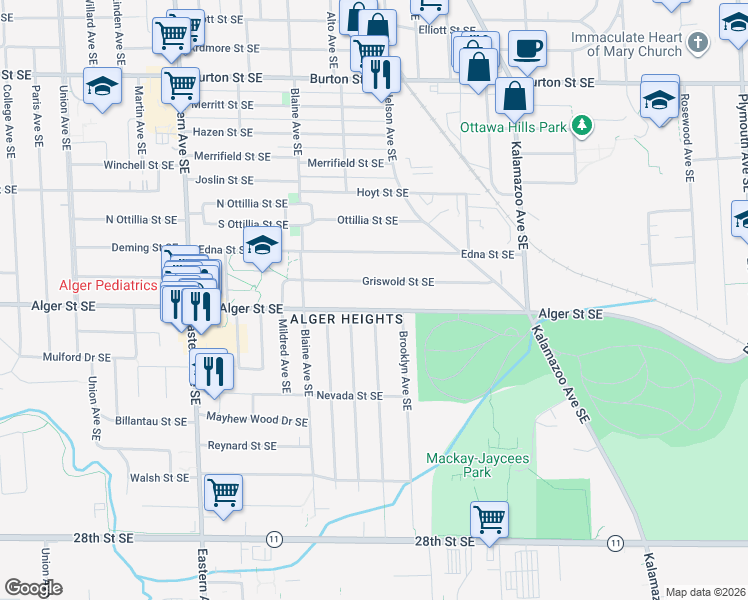 map of restaurants, bars, coffee shops, grocery stores, and more near 1129 Griswold Street Southeast in Grand Rapids