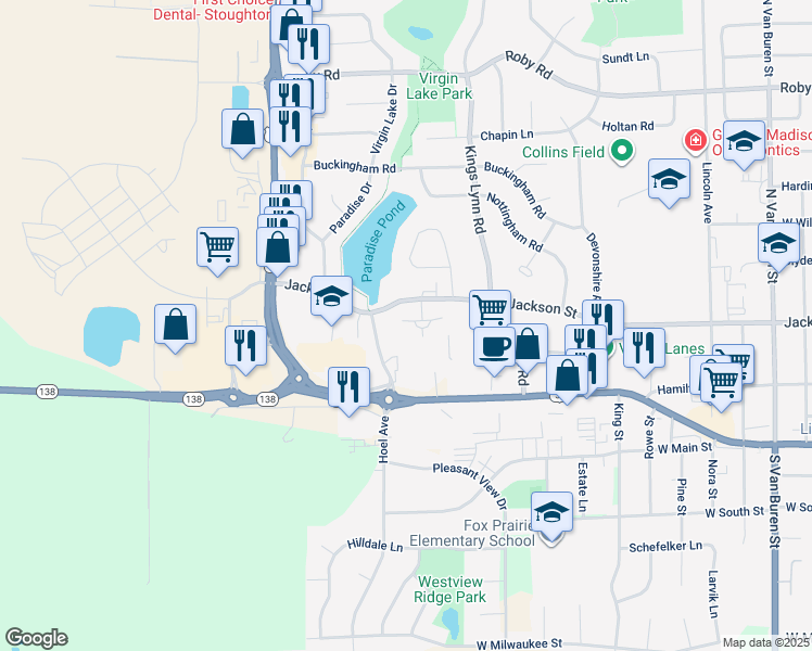map of restaurants, bars, coffee shops, grocery stores, and more near 2108 Jackson Street in Stoughton