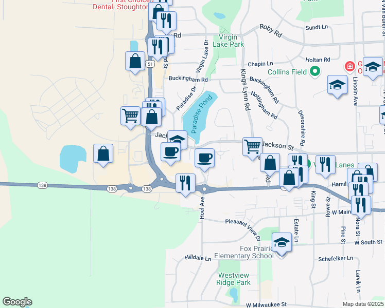 map of restaurants, bars, coffee shops, grocery stores, and more near 2200 Jackson Street in Stoughton