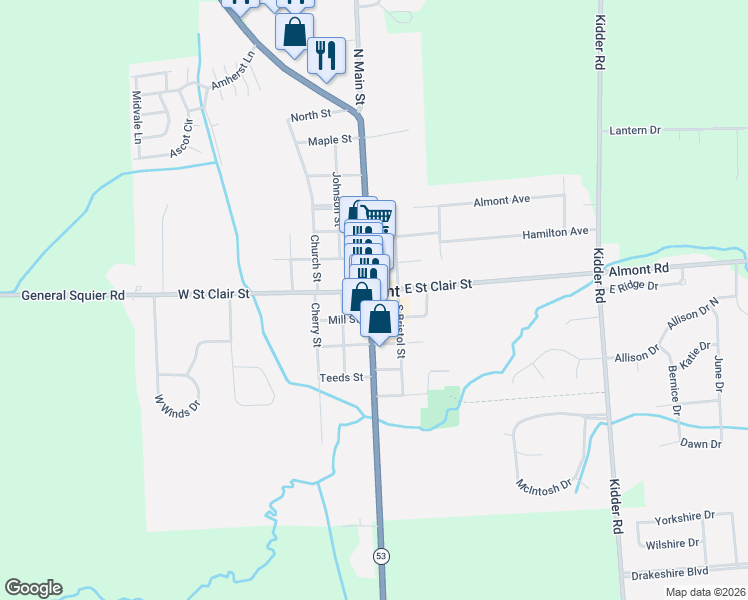 map of restaurants, bars, coffee shops, grocery stores, and more near 113 South Main Street in Almont