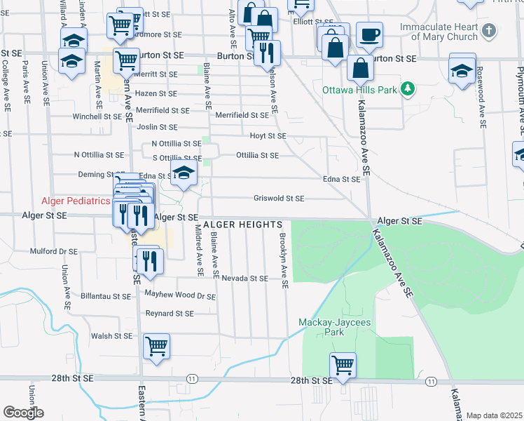 map of restaurants, bars, coffee shops, grocery stores, and more near 1129 Griswold Street Southeast in Grand Rapids