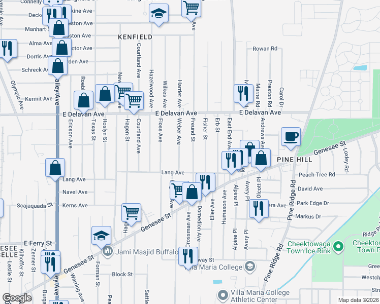 map of restaurants, bars, coffee shops, grocery stores, and more near 110 Freund Street in Buffalo