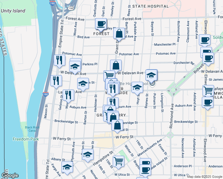 map of restaurants, bars, coffee shops, grocery stores, and more near 119 Congress Street in Buffalo
