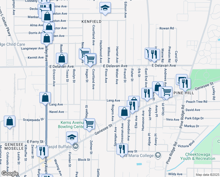 map of restaurants, bars, coffee shops, grocery stores, and more near 151 Floss Avenue in Buffalo