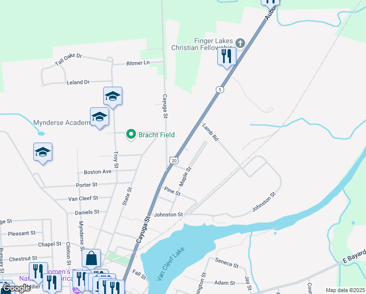 map of restaurants, bars, coffee shops, grocery stores, and more near 14 Auburn Road in Seneca Falls