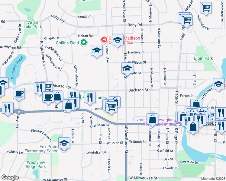 map of restaurants, bars, coffee shops, grocery stores, and more near 924 Jackson Street in Stoughton