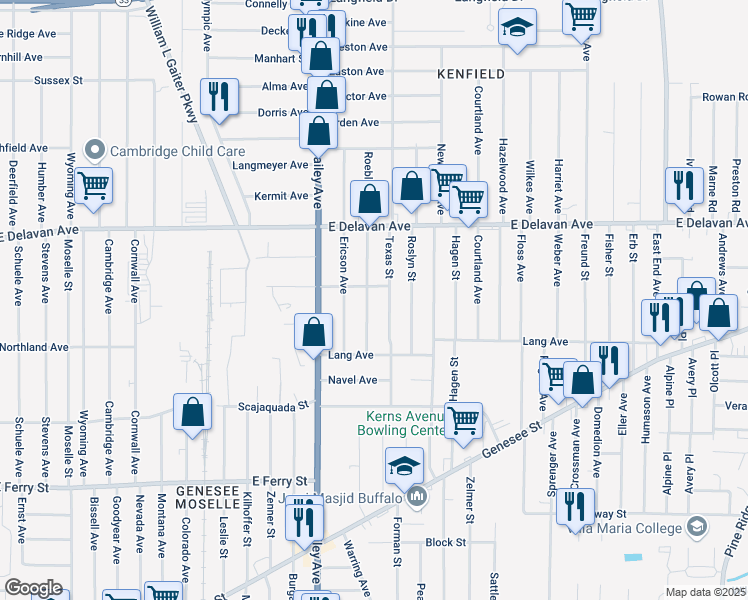 map of restaurants, bars, coffee shops, grocery stores, and more near 47 Roebling Avenue in Buffalo