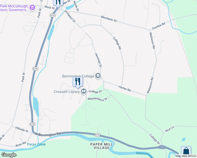 map of restaurants, bars, coffee shops, grocery stores, and more near 1 College Drive in Bennington County