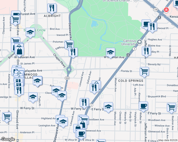 map of restaurants, bars, coffee shops, grocery stores, and more near 182 Oxford Avenue in Buffalo