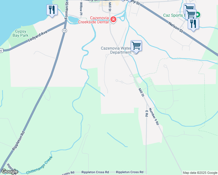 map of restaurants, bars, coffee shops, grocery stores, and more near 21 Gillette Lane in Cazenovia