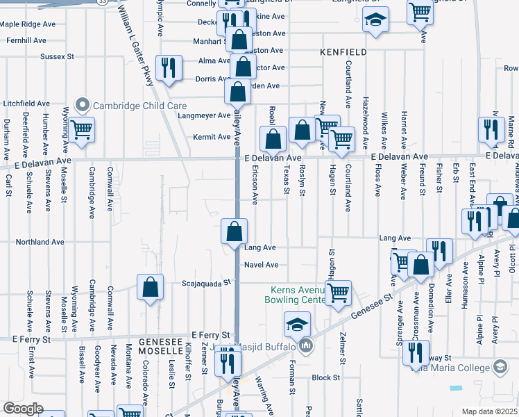 map of restaurants, bars, coffee shops, grocery stores, and more near 118 Wecker Street in Buffalo