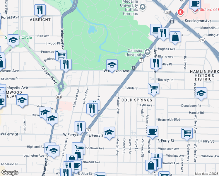 map of restaurants, bars, coffee shops, grocery stores, and more near 1010 Lafayette Avenue in Buffalo