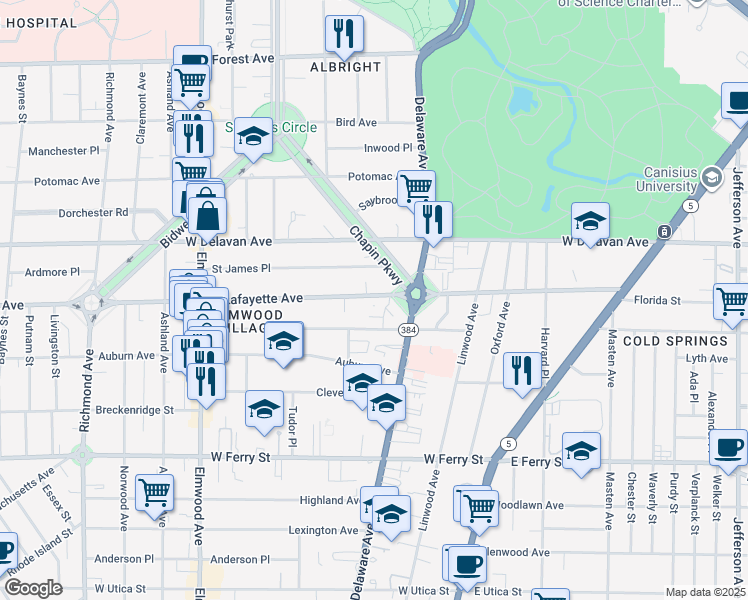 map of restaurants, bars, coffee shops, grocery stores, and more near 16 Saint James Place in Buffalo
