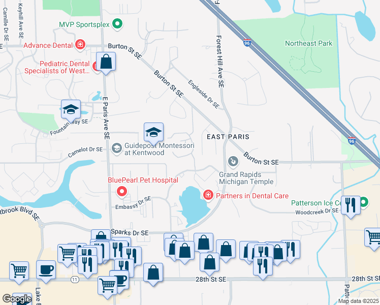 map of restaurants, bars, coffee shops, grocery stores, and more near 2315 Gatetree Lane Southeast in Grand Rapids
