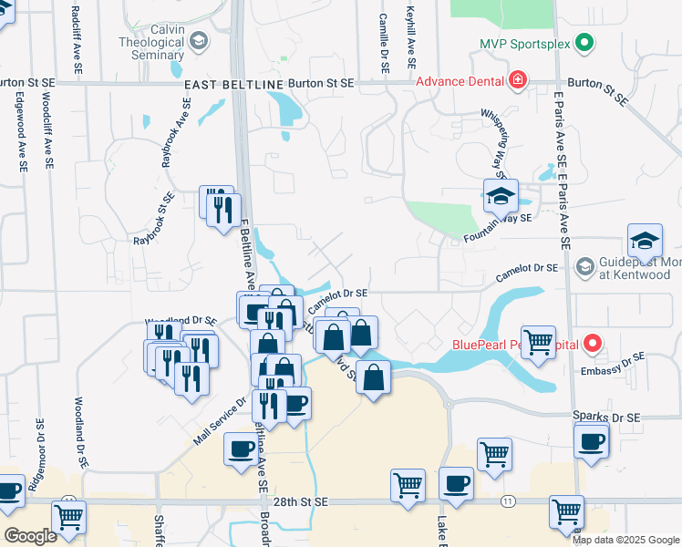 map of restaurants, bars, coffee shops, grocery stores, and more near 3592 Greenview Court Southeast in Grand Rapids